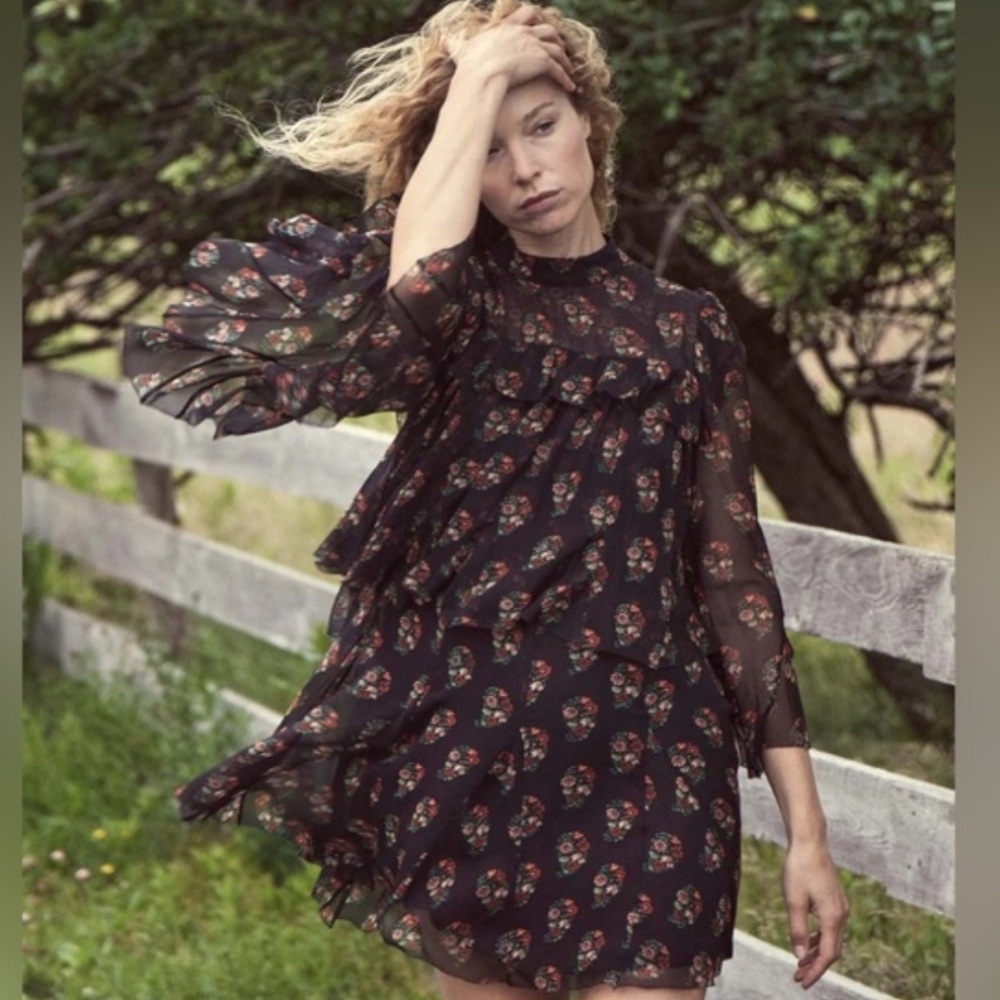 Doen Alette Romantic 100% Silk Sheer Dress In Paisley Floral Black Size Medium - Picture 5 of 14